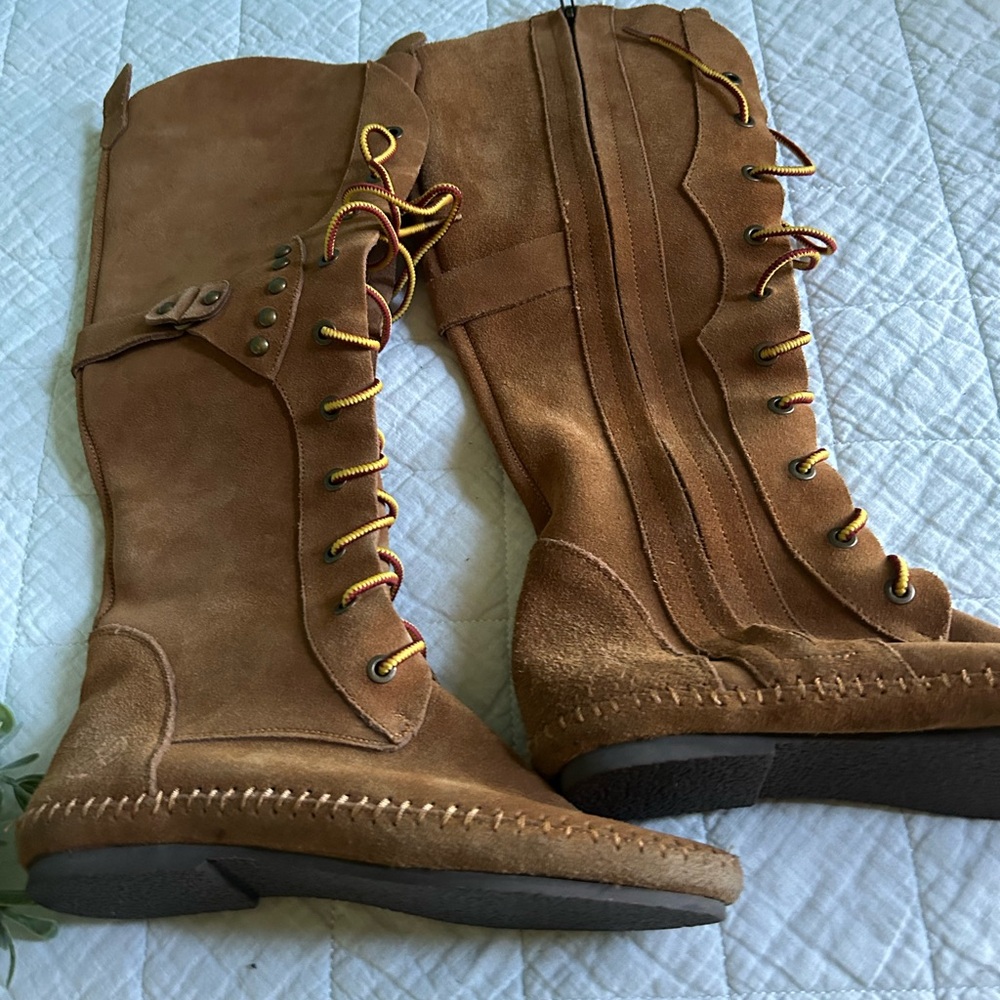 Peace Mocs Lace Up Suede Leather Boho Hippie Tall Moccasin Boots 7 - Picture 10 of 14